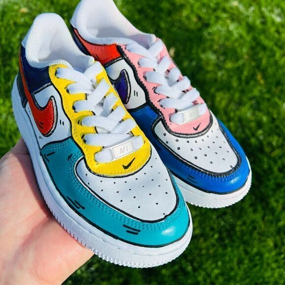 NIKE Air Force 1 Kid's Unisex Custom Color Block Pop Art Cartoon Sneakers NWB - Picture 4 of 6